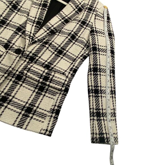 Evereve Womens Plaid single button Blazer XS Black & White Checkered Textured - Picture 15 of 16
